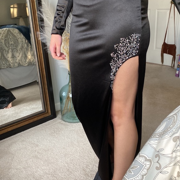 Satin Formal Dress with Sequin Accent at Thigh High Slit - Picture 5 of 13